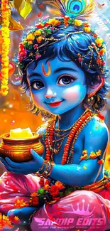 Vibrant depiction of Lord Krishna holding a pot.