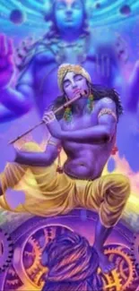 Vibrant artistic portrayal of Lord Krishna playing the flute with rich purple hues.