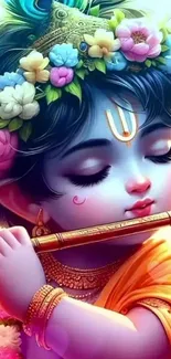 Vibrant Krishna playing flute with flowers and blue hues.