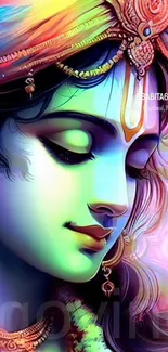 Vibrant Krishna artwork wallpaper with rich colors and divine elegance.