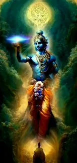 Vibrant Krishna holding a disc in spiritual art.