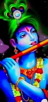 Vibrant Krishna art wallpaper with blue hues and spiritual design.