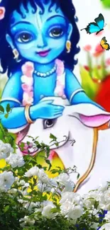 Vibrant illustrated Krishna with cows in a colorful setting.