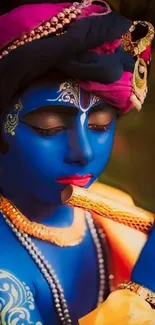 Vibrant Krishna wallpaper with blue tones.