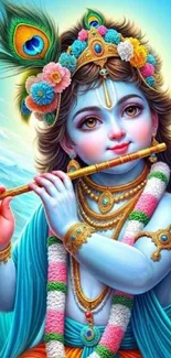 Krishna playing the flute with vibrant colors and intricate details.