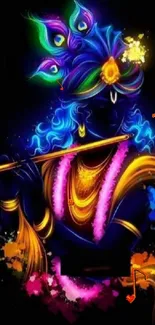 Vibrant neon artwork of Krishna playing flute.