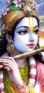 Colorful portrayal of Krishna holding a flute, adorned with flowers and jewelry.