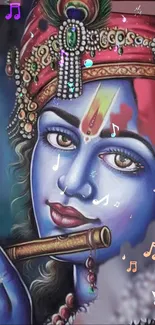 Colorful artwork of Lord Krishna playing flute with vibrant jewels.