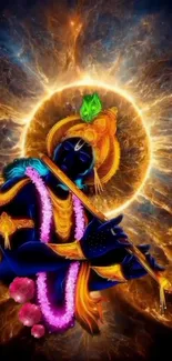 Vibrant depiction of Lord Krishna with a cosmic halo, playing a flute.