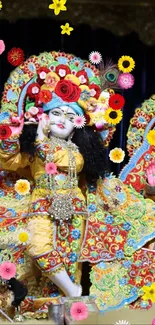 Colorful Lord Krishna with vibrant floral design.