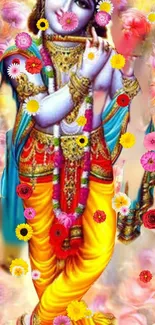 Colorful Krishna surrounded by vibrant flowers.