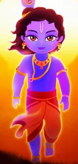 Colorful mobile wallpaper featuring Krishna with a large sun in the background.