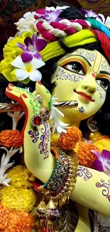 Colorful vibrant Krishna with flowers and flute.