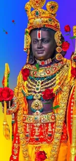 Vibrant Krishna adorned with jewelry on a colorful gradient background.