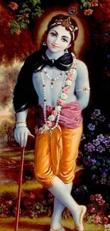 Krishna leaning against a tree, wearing colorful attire.