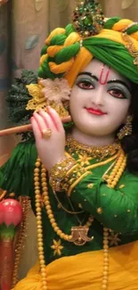 Colorful image of Lord Krishna playing the flute, adorned in green and yellow attire.