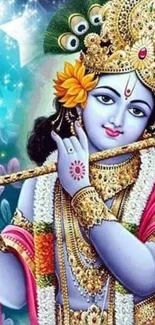 Colorful artwork of Krishna playing flute with vibrant attire.