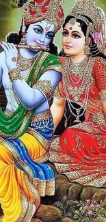 Colorful Krishna and Radha artwork on a vibrant mobile wallpaper.