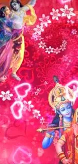 Colorful Krishna and Radha wallpaper with hearts and floral accents.