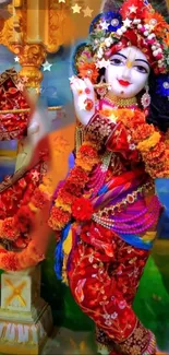 Vibrant Krishna statue with colorful attire and traditional decor.