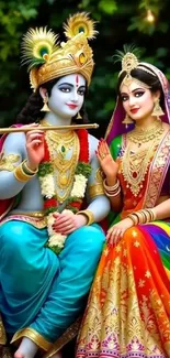 Krishna and Radha in vibrant attire and colors