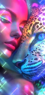 Neon art of a woman and leopard blending in vibrant colors.