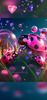 Magical ladybugs in a vibrant pink meadow with whimsical elements.