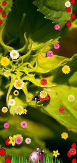 Ladybug on green leaf with colorful flowers in vibrant nature wallpaper.