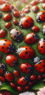 Cluster of vibrant ladybugs on a green leaf.