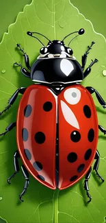 Closeup of a ladybug on a green leaf.