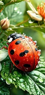 Closeup of a ladybug on a dewy green leaf with flowers.