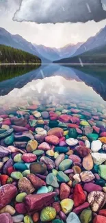 Vibrant colored stones reflecting in a tranquil lake with mountains.