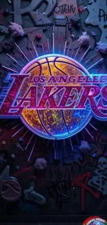 Vibrant neon Los Angeles Lakers graffiti wallpaper with bold colors.
