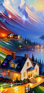 A vibrant lakeside cottage artwork with mountains and a colorful landscape.