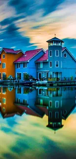 Colorful lakeside houses reflecting on serene water.