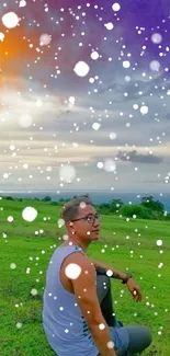 Person sits on green field under vibrant colorful sky.