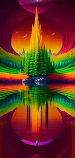 Colorful, symmetrical forest reflected in water.
