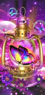 Colorful butterfly within a golden lantern surrounded by mystical purple hues.