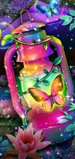 A vibrant lantern surrounded by colorful butterflies against a nature backdrop.