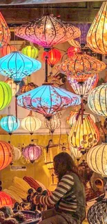 Vibrant hanging lanterns create colorful display.