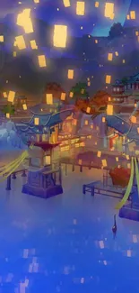 Lanterns illuminate a traditional village under a blue night sky in this vibrant wallpaper.