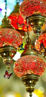 Red lanterns and butterflies create a vibrant, decorative phone wallpaper.