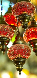 Intricate red and gold lanterns glowing warmly.
