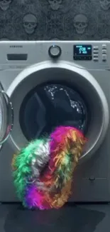 Colorful laundry machine with skull patterns on wallpaper.