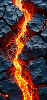 Cracks with glowing lava in dark textured rocks.