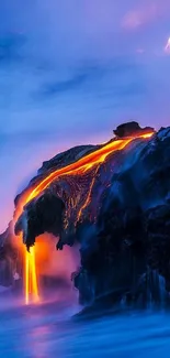 Colorful lava flowing into ocean at twilight.