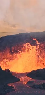 Vibrant lava flow against rugged landscape.