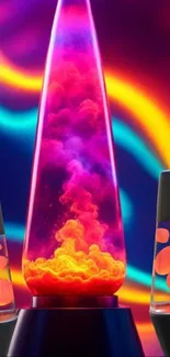Vibrant lava lamp in neon colors with psychedelic patterns.