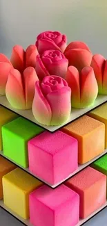 A vibrant layered sponge art wallpaper with colorful cubes and rose shapes.