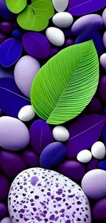 Colorful wallpaper with green leaf and purple stones.